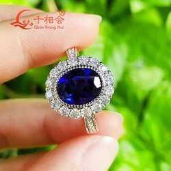 3.6ct 8x10mm oval lab grown Pigeon blood red ruby Royal blue sapphire stone with small white Moissanite Ring Silver 925 Women