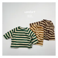 Korean 2024 Autumn Children Baby Boys Shirt Cotton Contrast Striped Raglan Sleeve Toddler Boys Tops Base Versatile Kid Boy Shirt