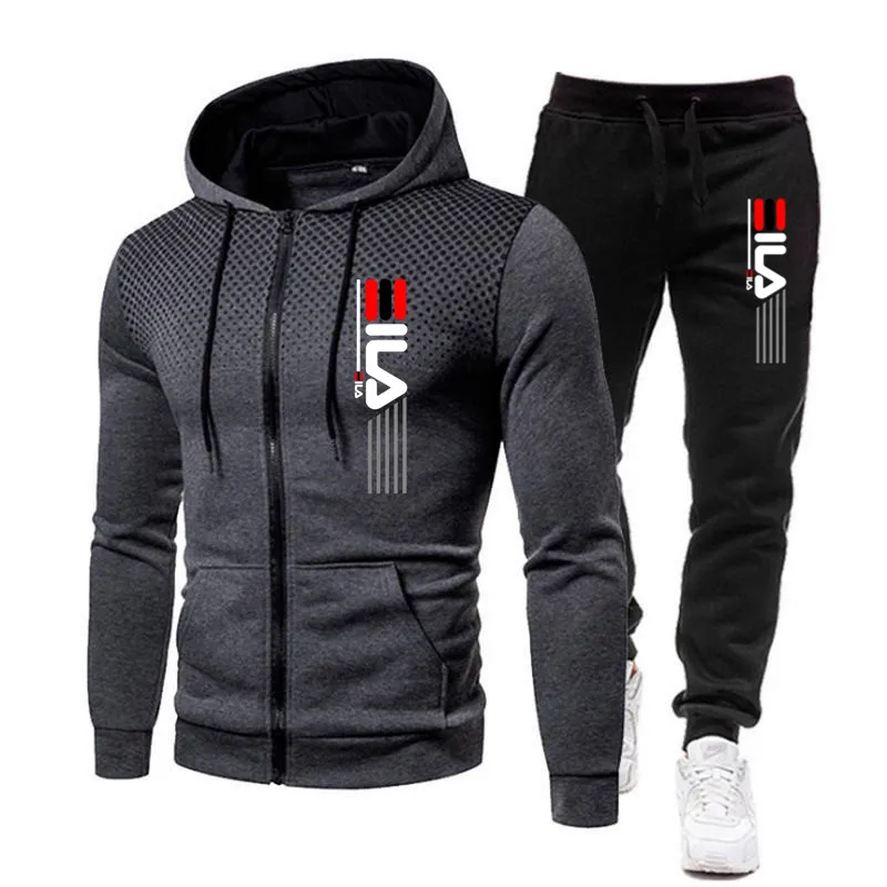 Fashion Print Tracksuit for Men Zipper Hooded Sweatshirt and Sweatpants Two Pieces Suits Male Casual Fitness Jogging Sports Sets