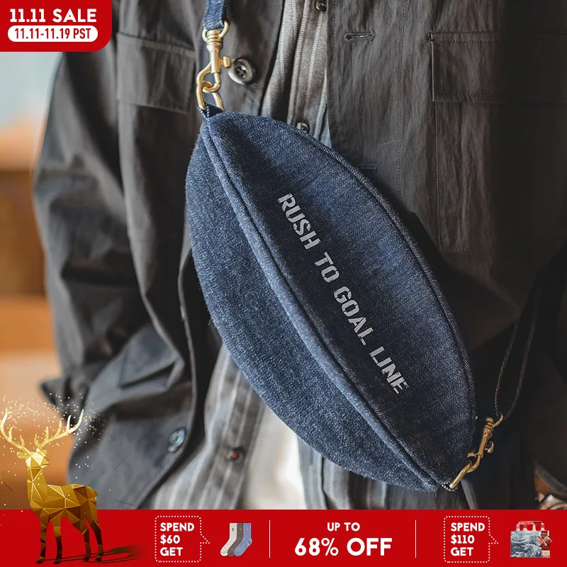 

Maden Vintage Rugby Bags For Men Women Belt Raw Denim Causual Retro Letter Chest Bag Phone Pouch Pocket Hip Hop Streetwear