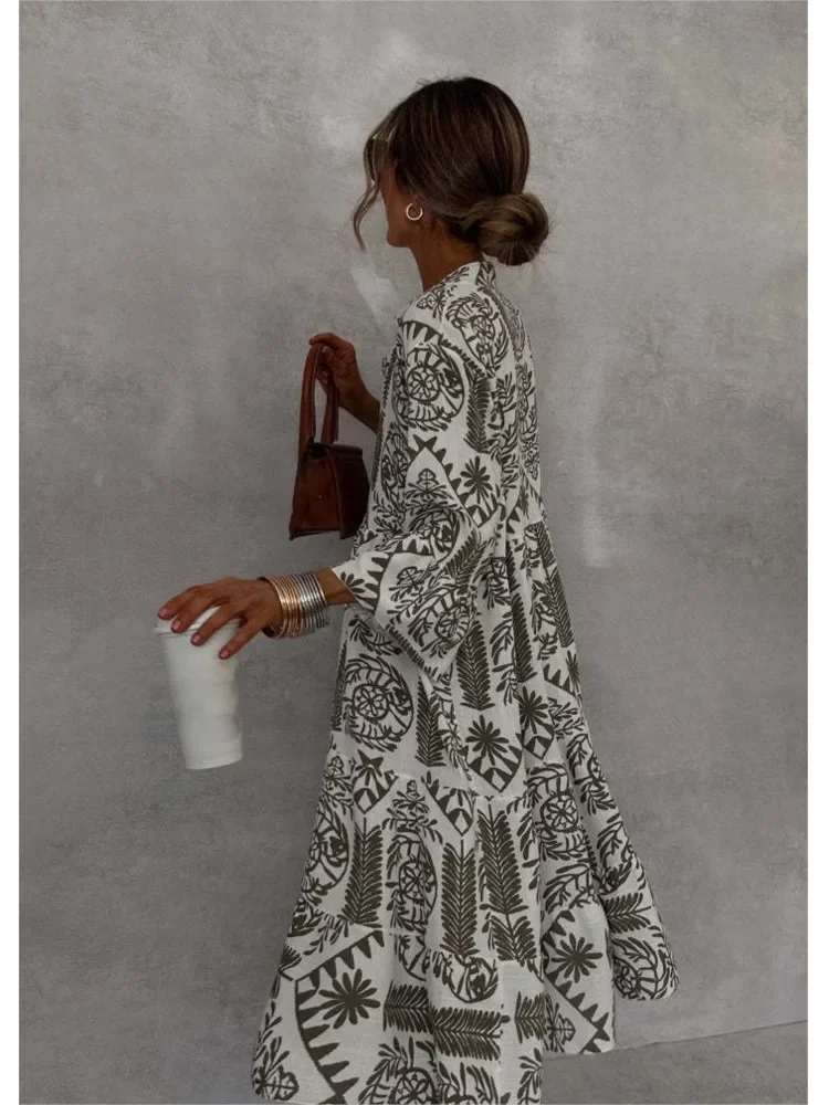 Abito camicia con maniche a tre quarti con stampa casual di nuovo stile per le donne Abiti casual da vacanza allentati con scollo a V moda estiva Robe Femme