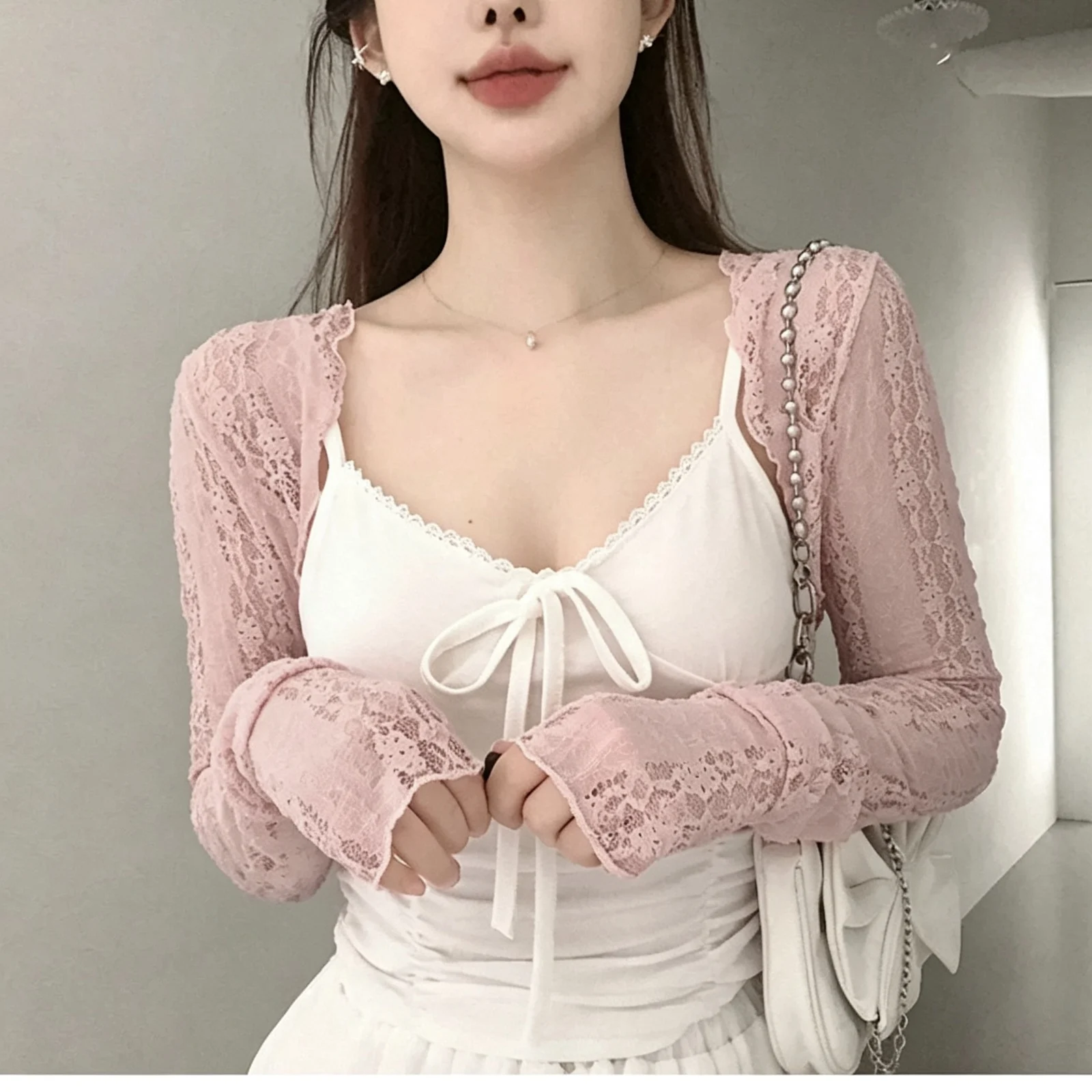 Autumn New Pure Long Sleeve T-Shirt Top Slim Fit Ultra Short Lace See through Open Cardigan Three Colors Commute Style Moistu...