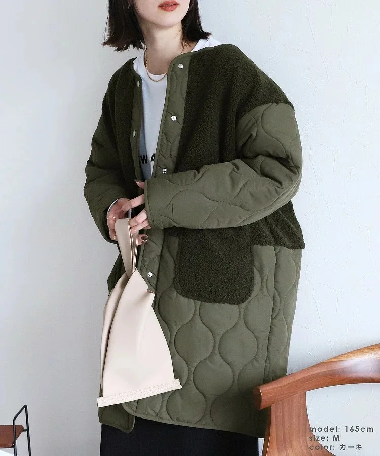 Women Coat Mid Length Lamb Wool Stitching Thickened Cotton Padded Parkas Winter Maxi Round Neck Big Pockets Thickened Jacket