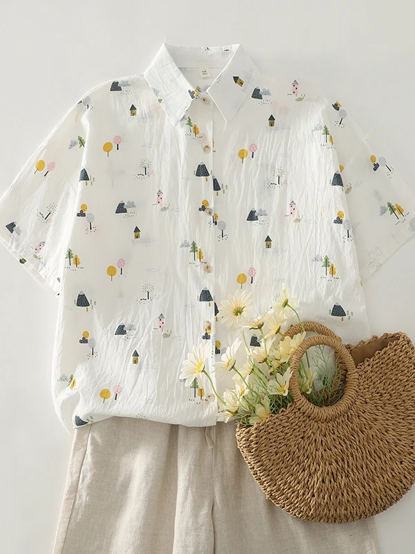 

Summer Loose Cotton Short Sleeve Shirt Women's Large Size Printed Turn-down Collar Slimming Meat Covering Small Audience Open...