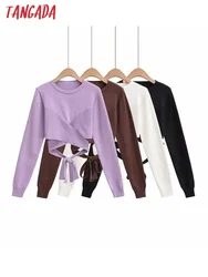 Tangada 2023 Autumn Women Cross Cropped Knitted Sweater Jumper With Slash Female Pullovers 7D50