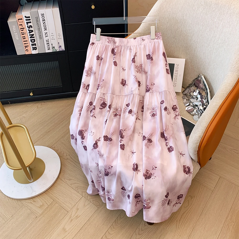 

Plus-size Women's Fall/Winter Casual Commuter Loose Comfortable Skirt Pink chiffon print A-line elastic waist lined long skirt