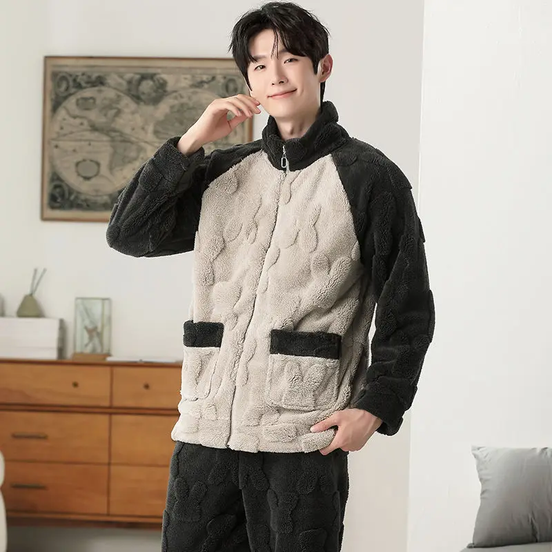 Patchwork Pajamas for Men Fleece Winter Sleepwear Korean Sleeping Night Wear Zipper Pijama 2 Pcs Pants Sets Warm Home Suit 2024