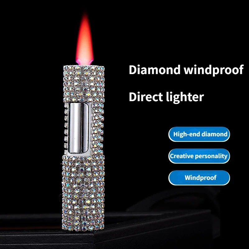 

New Style Inlaid Colored Diamond Cylindrical Lighter Inflatable Cool Trendy Personality Push-type Lighter Gift for Girls