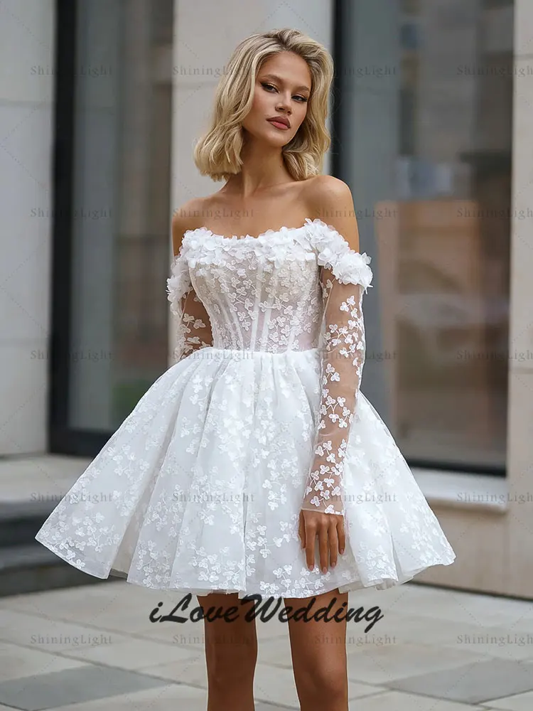 ShiningLight Short A-Line Lace Wedding Dress With Detachable Sleeves Off Shoulder Appliques Princess Boho Bride Gowns Customized