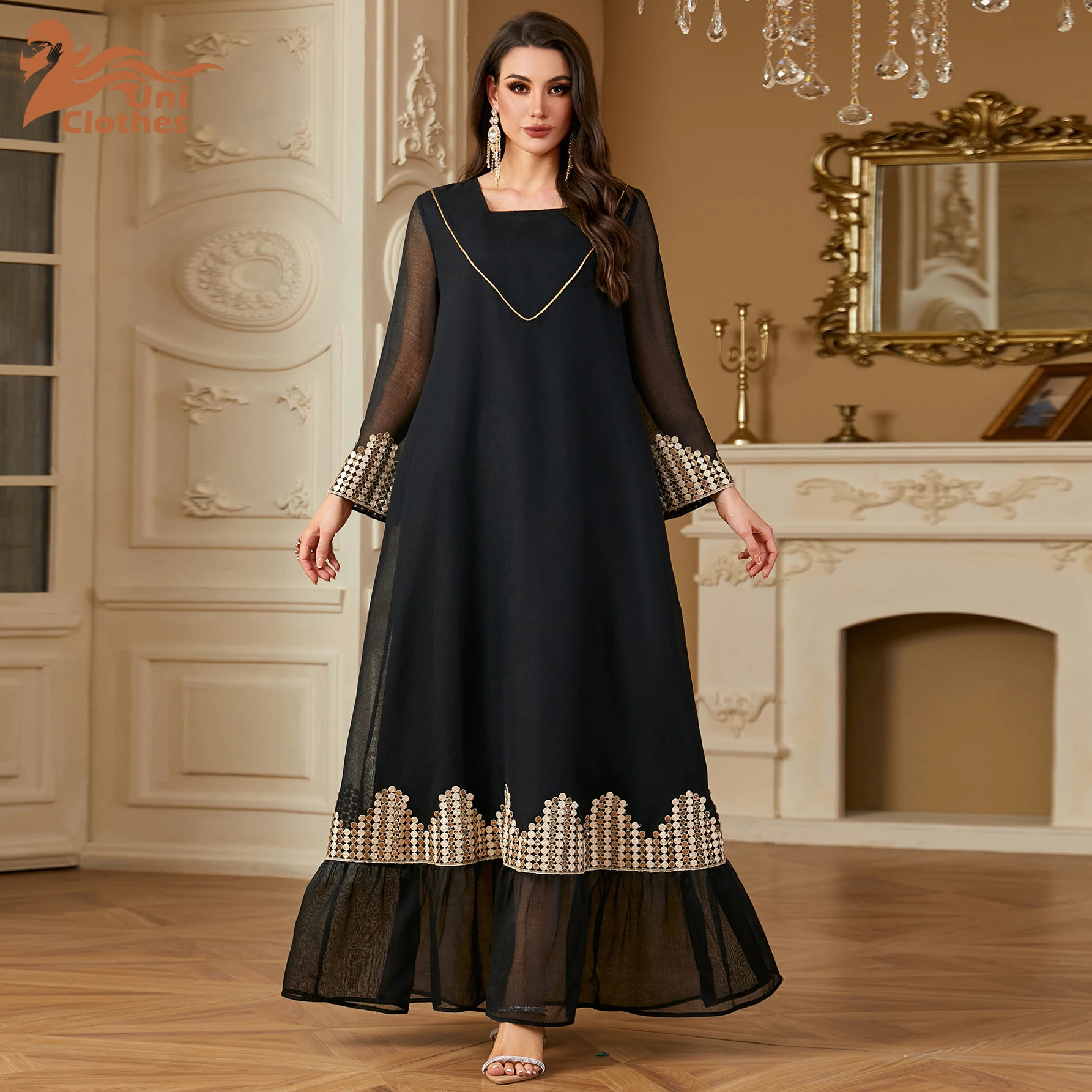 UNI Eid Party Abito musulmano Donna Abaya Elegante Maxi Jalabiya Ricamo Maglia Paillettes Marocco Caftano Turchia Arabo Abito lungo Dres