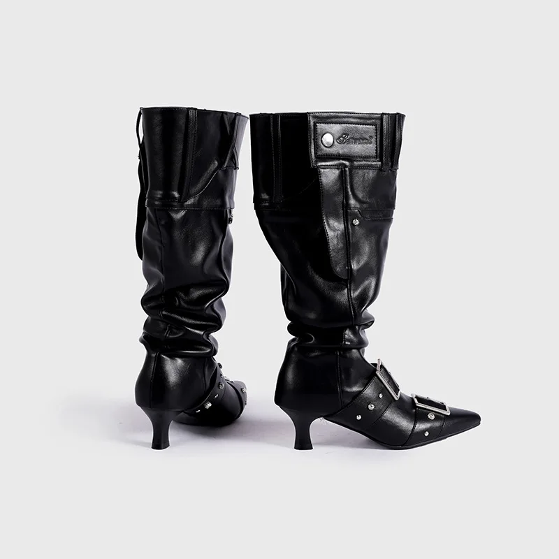 Autumn Punk Street Style Belt Buckle Pointed Toe High Boots Woman Rubbed-color Retro Rivet Kitten Heel Mid-calf Boots De Mujer