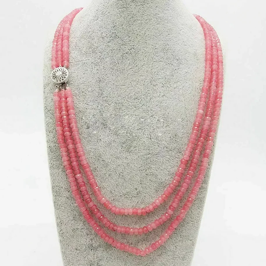 New Jewelry Necklace 3 Rows Faceted 2x4mm Natural Pink Rhodochrosite Gemstone Beads Necklace 17-19