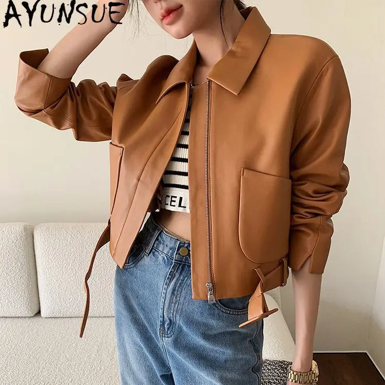 AYUNSUE Fashion musim gugur musim dingin 2023 jaket pendek kulit asli gaya Korea Streetwear Vintage mantel kulit domba asli