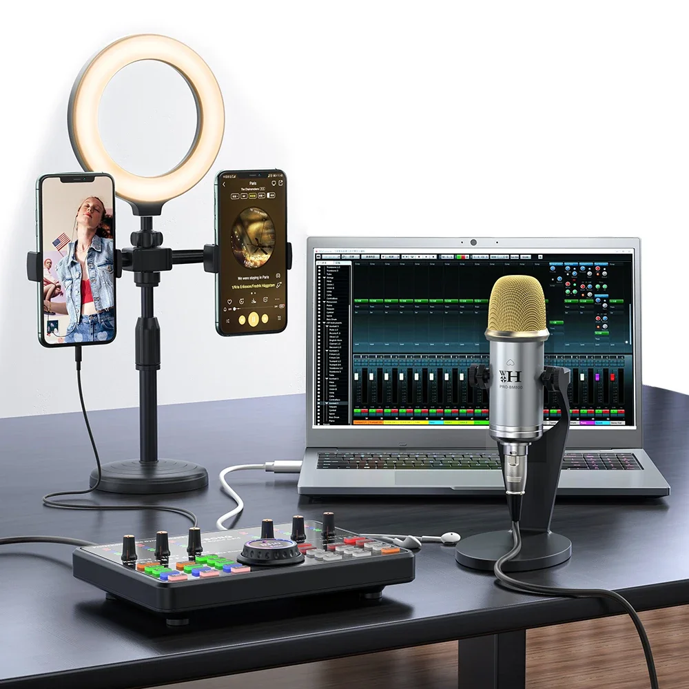 

Professional Condenser Microphone Audio Sound Cards Sets With Phone Holder Fill Light For Live Streaming Recording Podcasting