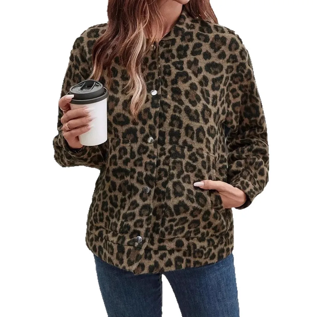 ليوبارد قصيرة فو الفراء سترة واحدة الصدر فضفاضة المرأة أفخم معطف طويل الأكمام الرجعية فروي الستر الخريف الشتاء رقيق القمم