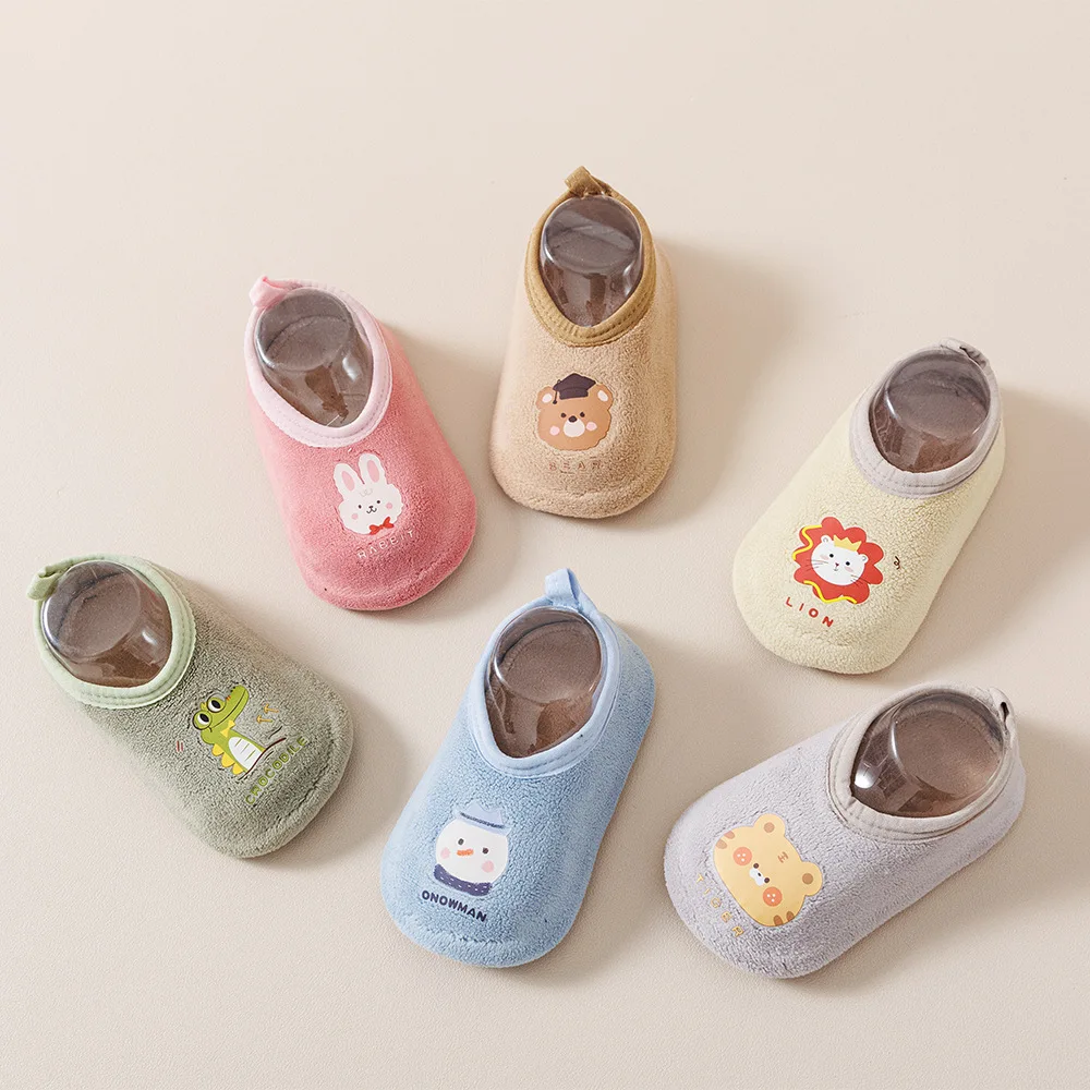 Newborn Baby Boys Girls Anti Slip Cartoon Shoes Winter Indoor Outdoor Slippers Infant Floor First Walk Shoes with Rubber Sole