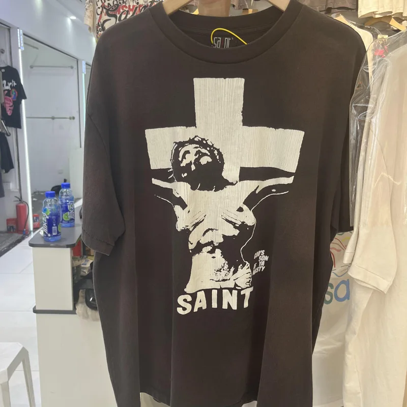 Streetwear Saint Short Sleeve American Retro Trend Washed Do Old Oversized T-shirt SAINT Men Women Tops Tees