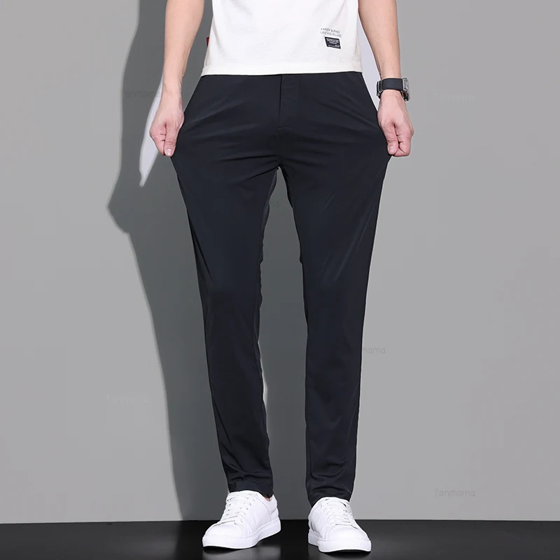 남성용 얇은 캐주얼 바지, 고탄성 드레이프, 아이스 실크, 부드러운 비즈니스 스트레이트, 단색 세트 바지, 블랙 그레이, 여름