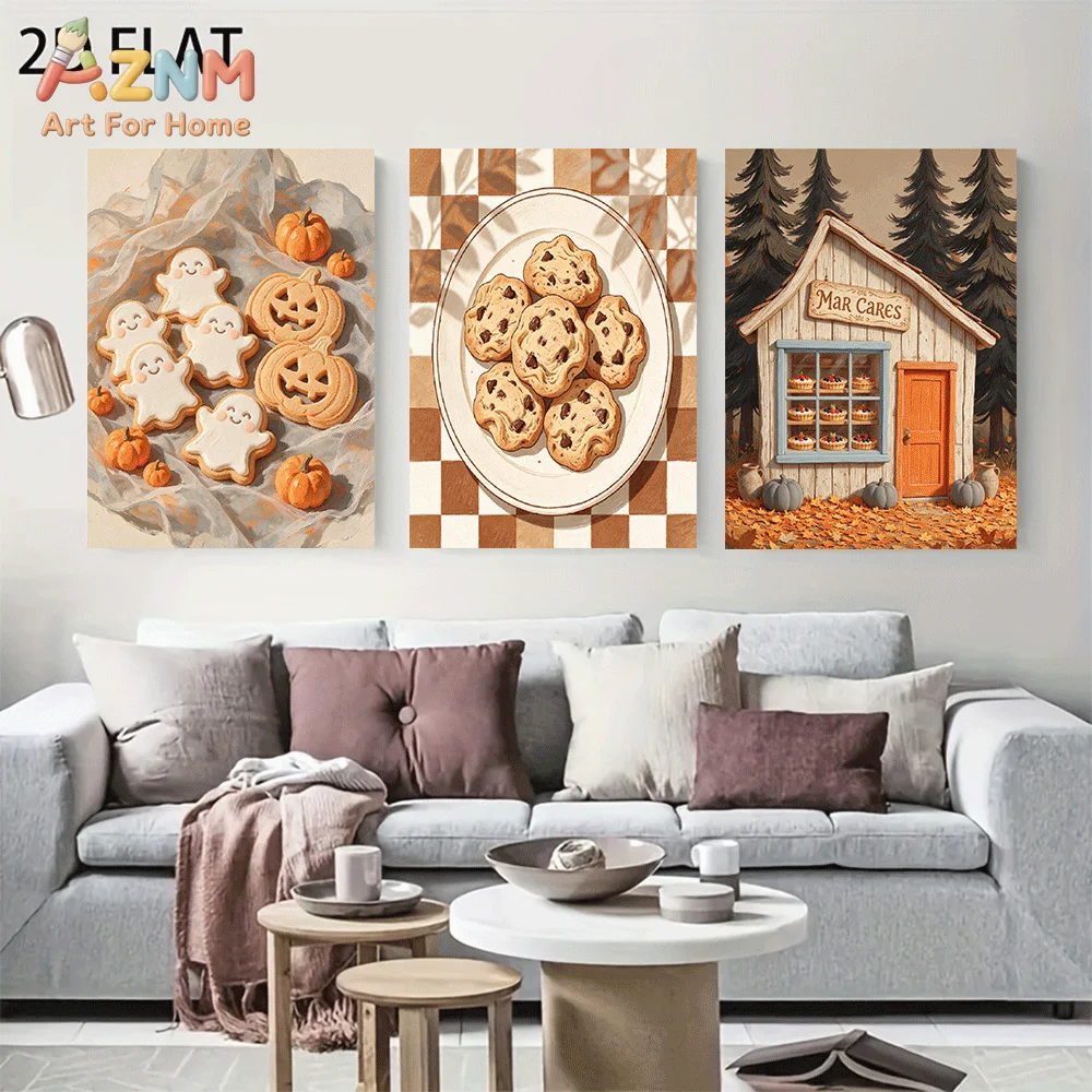 AZNM Frameless Canvas Wall Art, Fall Halloween Ghost Pumpkin Cookie Print, Cute Autumn Pastry Cabin Art Wall Decor for Kitchen L