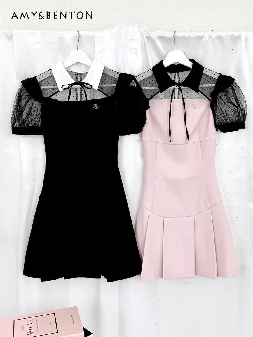 

Japanese Sweet Polka Dot Sheer Patchwork Tie Hollow Puff Sleeve Slimming Short Sleeve Dress Elegant Temperament A-line Dresses