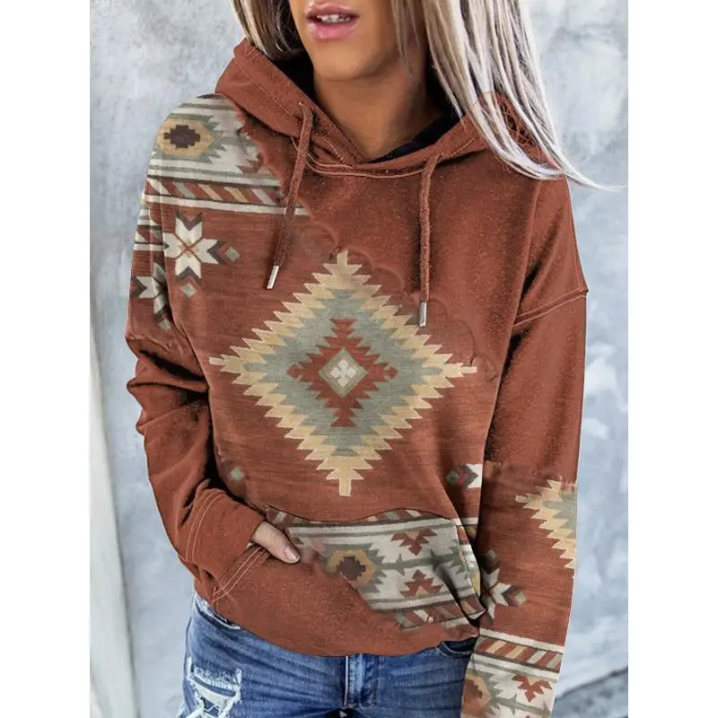 

Women's Hooded Drawstring Hoodies Autumn Winter Streetwear Geometric Printed Long Sleeve Patchwork Pockets Pullover Loose Tops