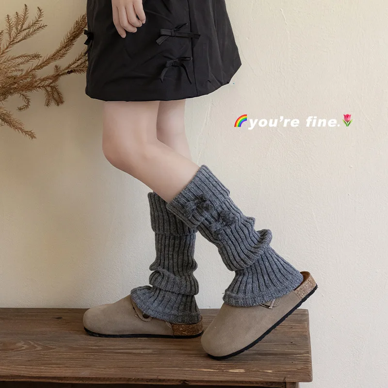 

Korean Style Schoolgirls Leg Warmers Stackable Bow Boot Socks with Plush Lining Coffee Color Winter Crew Socks for Children