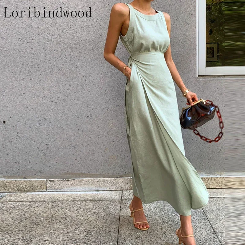 

2022 New arrival Fashion Elegant Sleeveless Dress For Women O Neck Sleeveless High Waist Summer Solid Midi Dresses