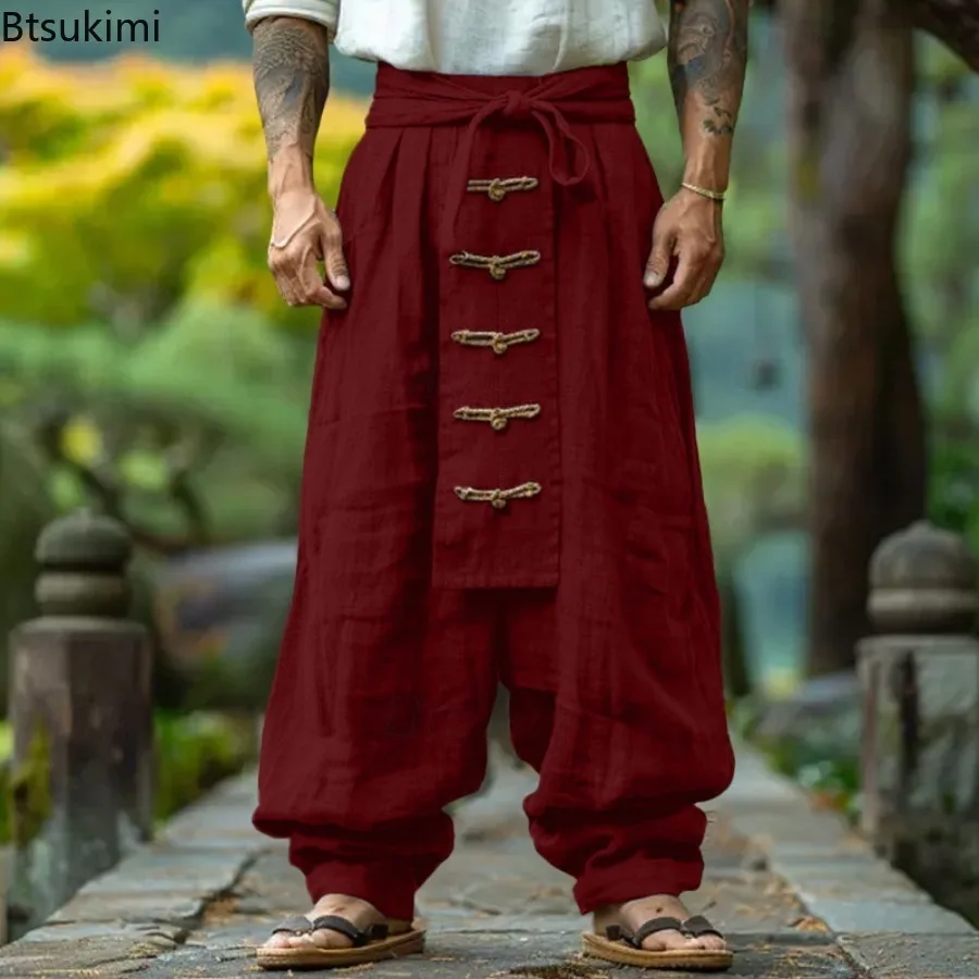 

New Spring Summer Men's Cotton Linen Baggy Trousers Retro Casual Solid Lace Up Wide Leg Pants Ethnic Style Men Pants Streetwear