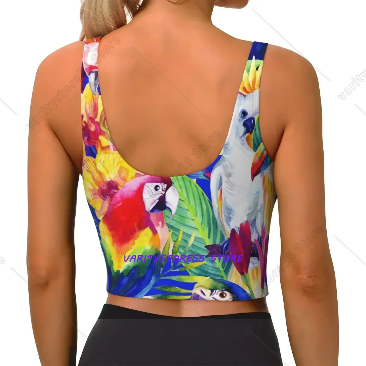 Yoga Vest Women Gym Sports Crop Tops Watercolor Parrots Tropical Flowers Streetwear Workout Breathable Tank Top Female