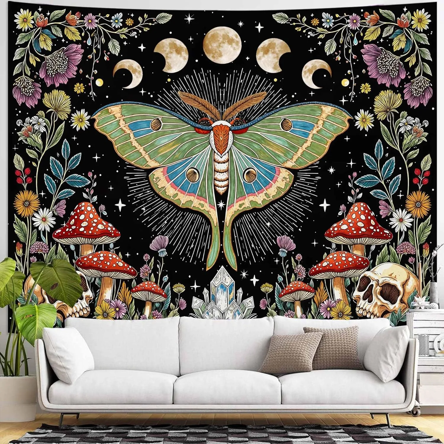 نسيج الشمس والقمر المستخدم لغرفة النوم الهبيز البوهيمي زهرة النبات قماش مزخرف جداري الجمالية الرجعية غالاكسي ستار الروح شريط كبير