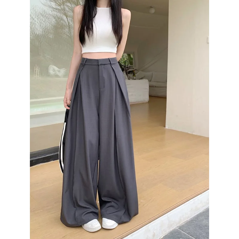 Damen-Hose mit hoher Taille und weitem Bein, lockere, bequeme Freizeithose mit Falten