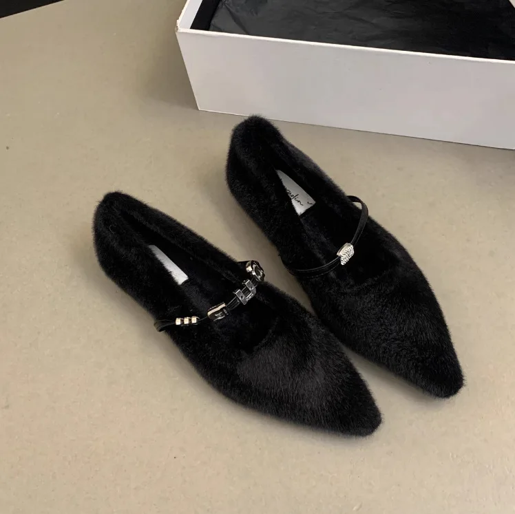 2024 New Temperament Pointed Hair Shoes A Word Diamond Suede Shoes Autumn and Winter Lazy Warm Cotton Shoes Women