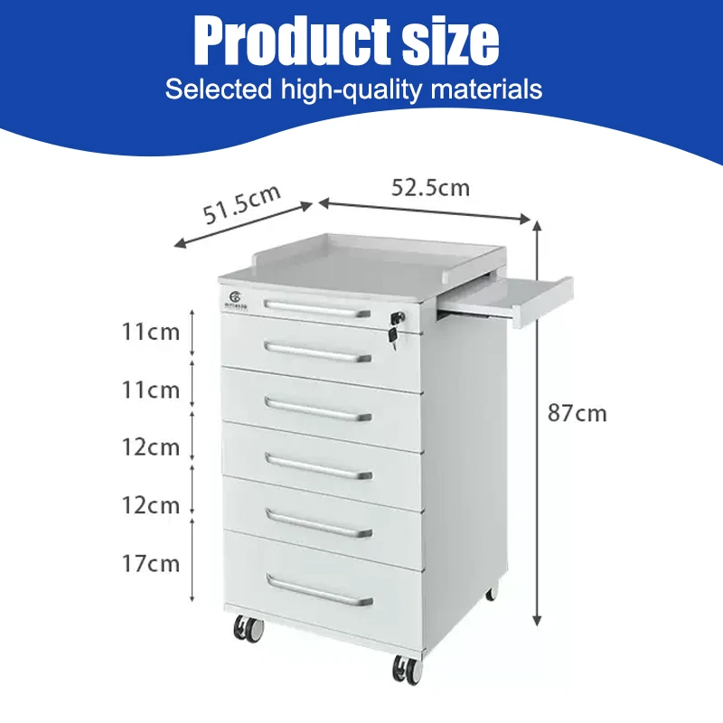 Movable Dental Cabinet with Extension Sliding Tray 5-Drawer Metal Clinic Cart with Key Lock for Hospital Lab Storage