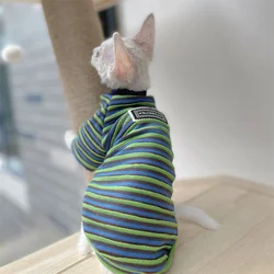 Fashion Clothing for Sphynx Cat in Summer Green Striped Cotton Pajamas for Kittens Soft Polo T-shirt for Male Cat Devon Rex Coat