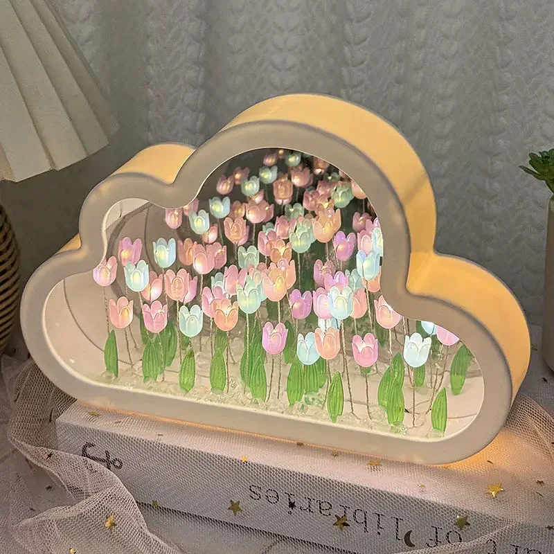 DIY Creative Tulip Flower Cloud Mirror Three-Dimensional Small Night Light Material Package For Bestie Girlfriend Birthday Gift