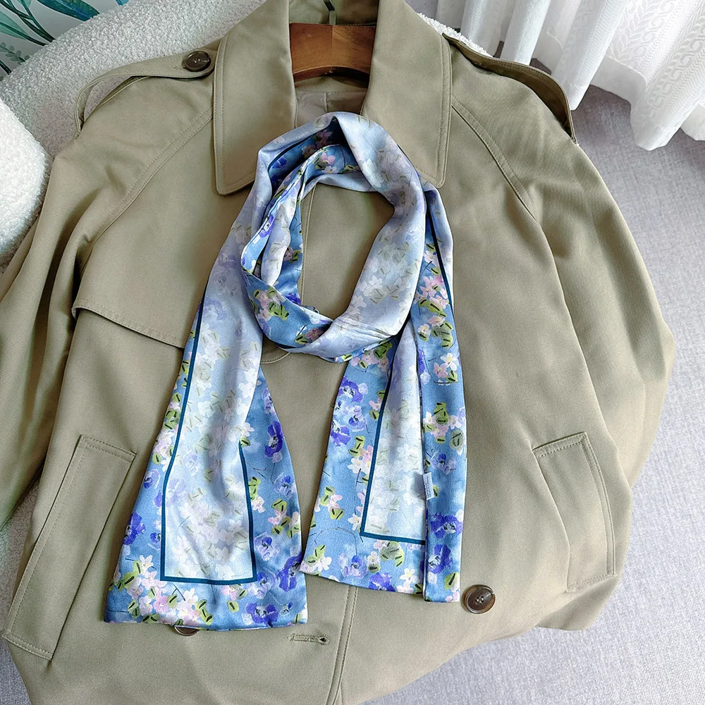 

Шелковый шарф для волос фиолетового цвета, роскошный 100% маленький женский длинный тонкий атласный шарф с цветочным принтом, высокое качество, узкие шарфы на шею, пояс, повязка на голову