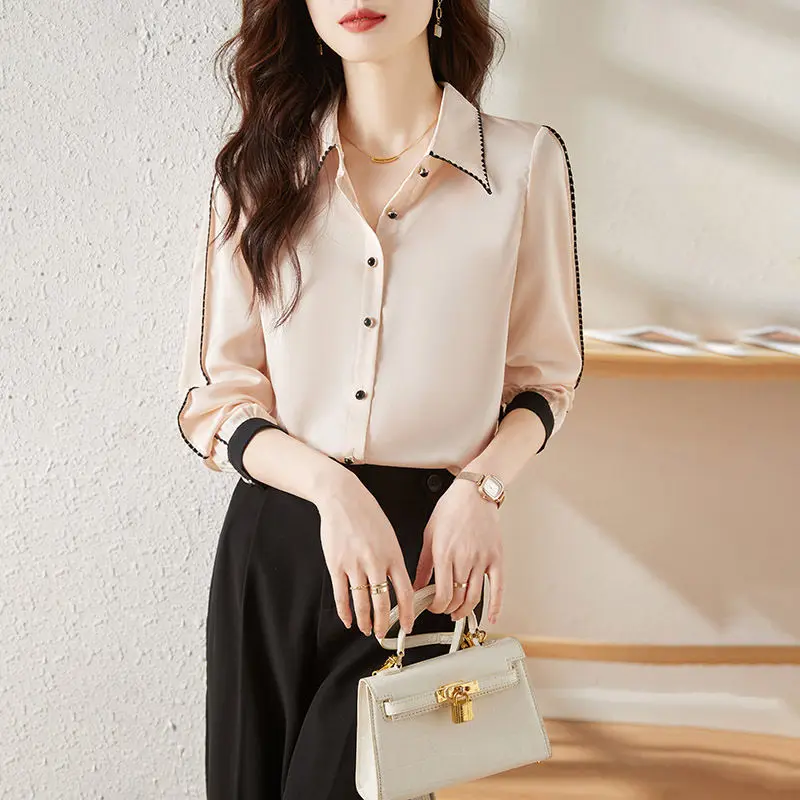 Women\'s Clothing Commute Solid Color Blouse 2024 Spring Autumn Single-breasted Stylish Lapel Korean Bright Line Decoration Shirt
