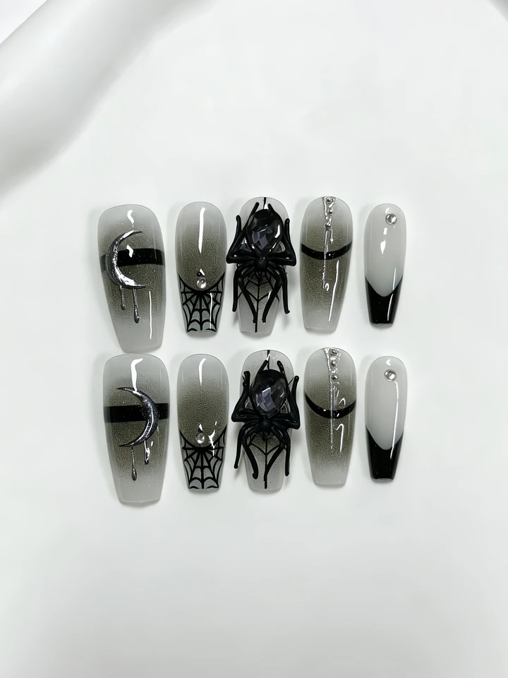 10 uñas postizas trapezoidales de longitud media, con luna plateada líquida y cinta negra, estilo gótico oscuro, para salidas nocturnas, subcultura, Y2K, fiestas y festivales 3