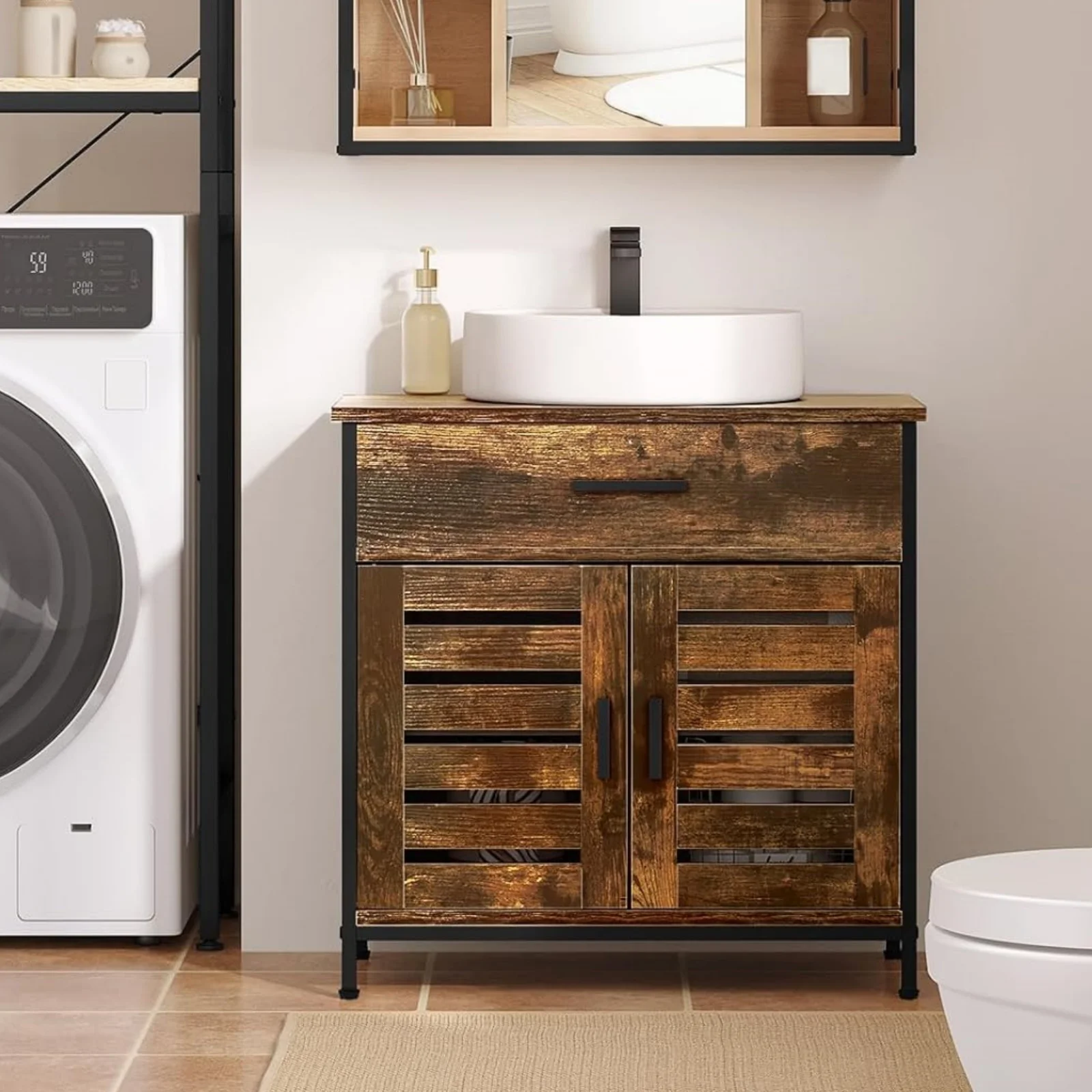 EUGAD Rustikaler Brauner Badezimmerschrank Badezimmer-Aufbewahrungsorganizer mit Schublade 2 Türen Verstellbares Regal Waschtischunterschrank Toilettenmöbel