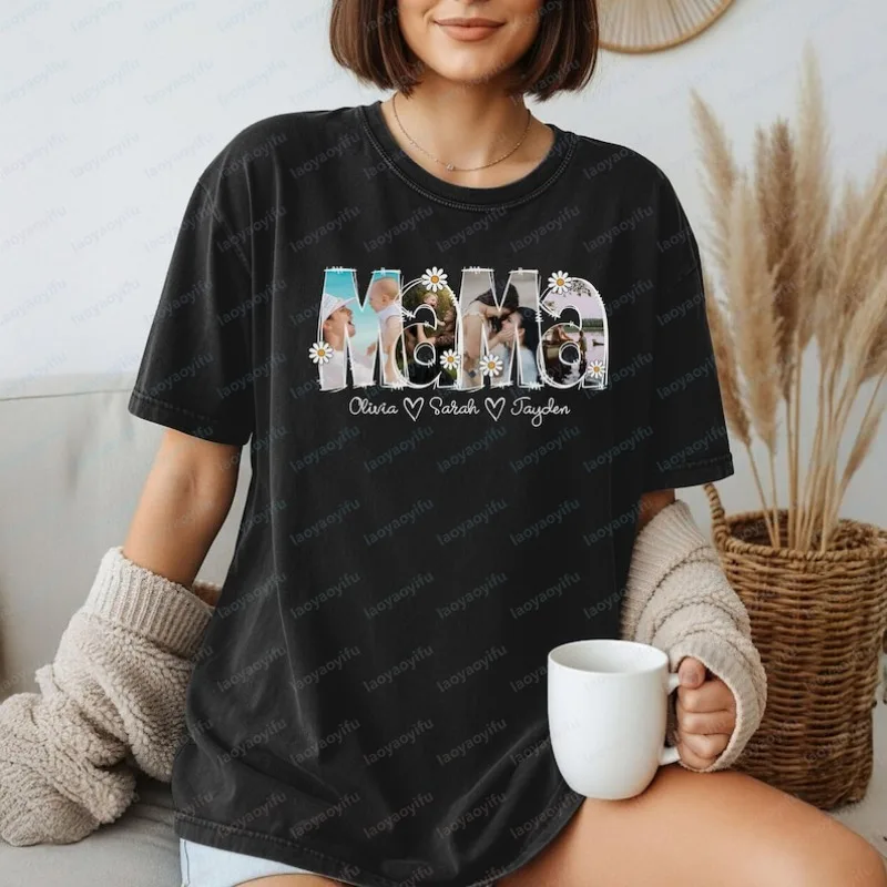 Personalized Mama Photo Collage Shirt Names Customization Tee Unisex High Quality Cotton Short-sleeve Top Fun Mother's Day Gift