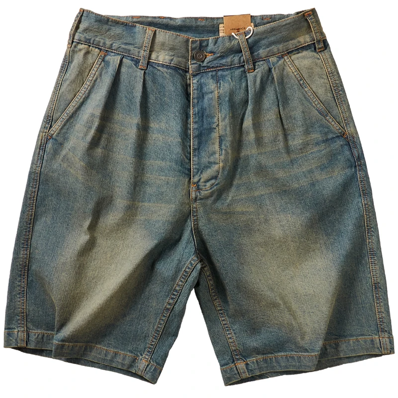 Summer new nostalgic washed denim shorts men's silhouette loose sand washed to do old washed straight casual medium pants