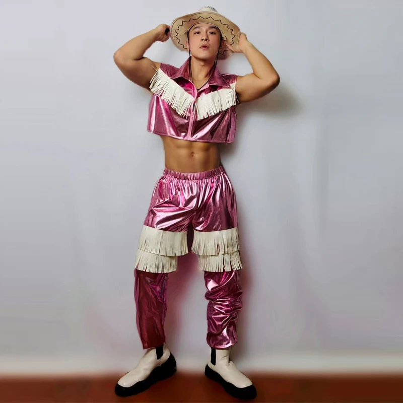 مثير القطب ملابس الرقص الرجال جوجو زي الوردي الليزر مهدب السراويل ملهى ليلي DJ ملابس للحفلات المرحلة الهذيان الزي XS10698 #2