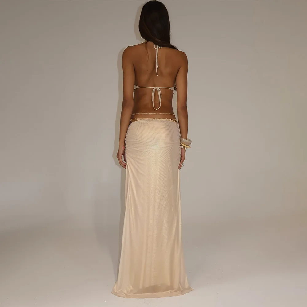 시크한 라이트 골드 컷아웃 맥시 드레스 통기성 메쉬 주름 홀터 롱 드레스 여성용 섹시 나이트 클럽 생일 파티 선 드레스