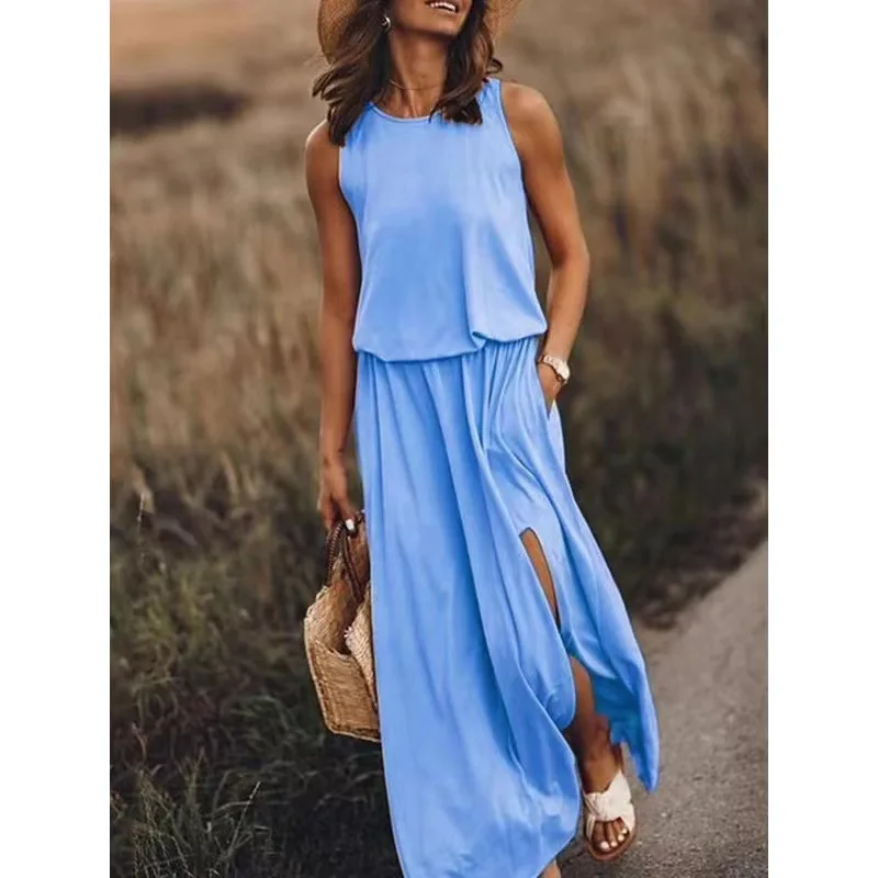 Casual Women Party Skirt Sleeveless Suspender Skirt Office Ladies Fashion O-neck Off-shoulder Solid Color Dress Summer Sundress