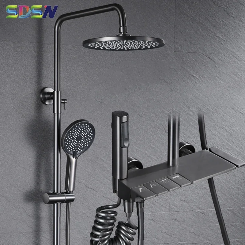 

Набор смесителей для душа в ванной комнате, настенный пистолет, серый, фортепиано, ванна, душевая система, твердый латунный смеситель для ванны, дождевая насадка для душа