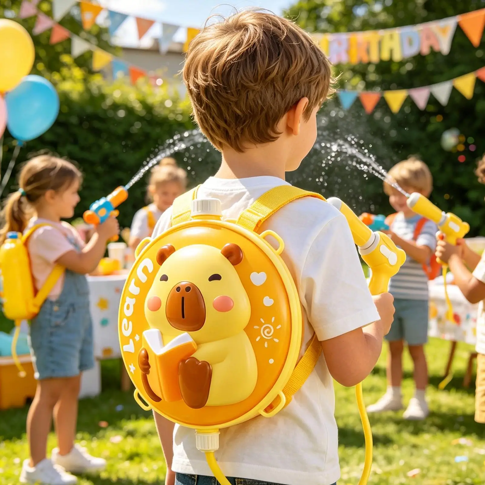 子供用ウォータースクイーター-2000ml-カピバラバックパックデザイン付きプルプッシュ式水遊びおもちゃ-屋外プール用