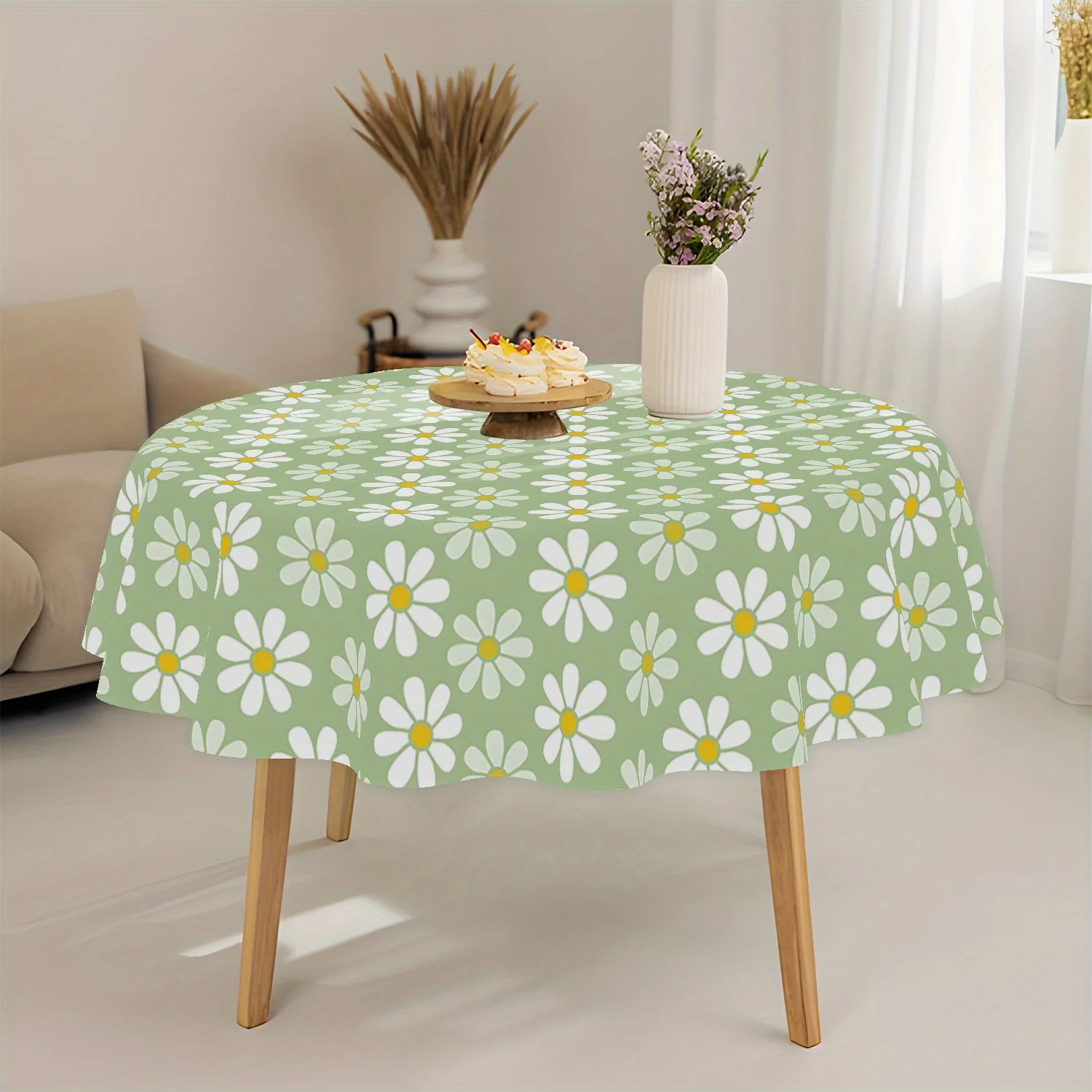 One simple style daisy-pattern tablecloth, 62-inch round, 100% polyester fiber, suitable for the dining tablezyc