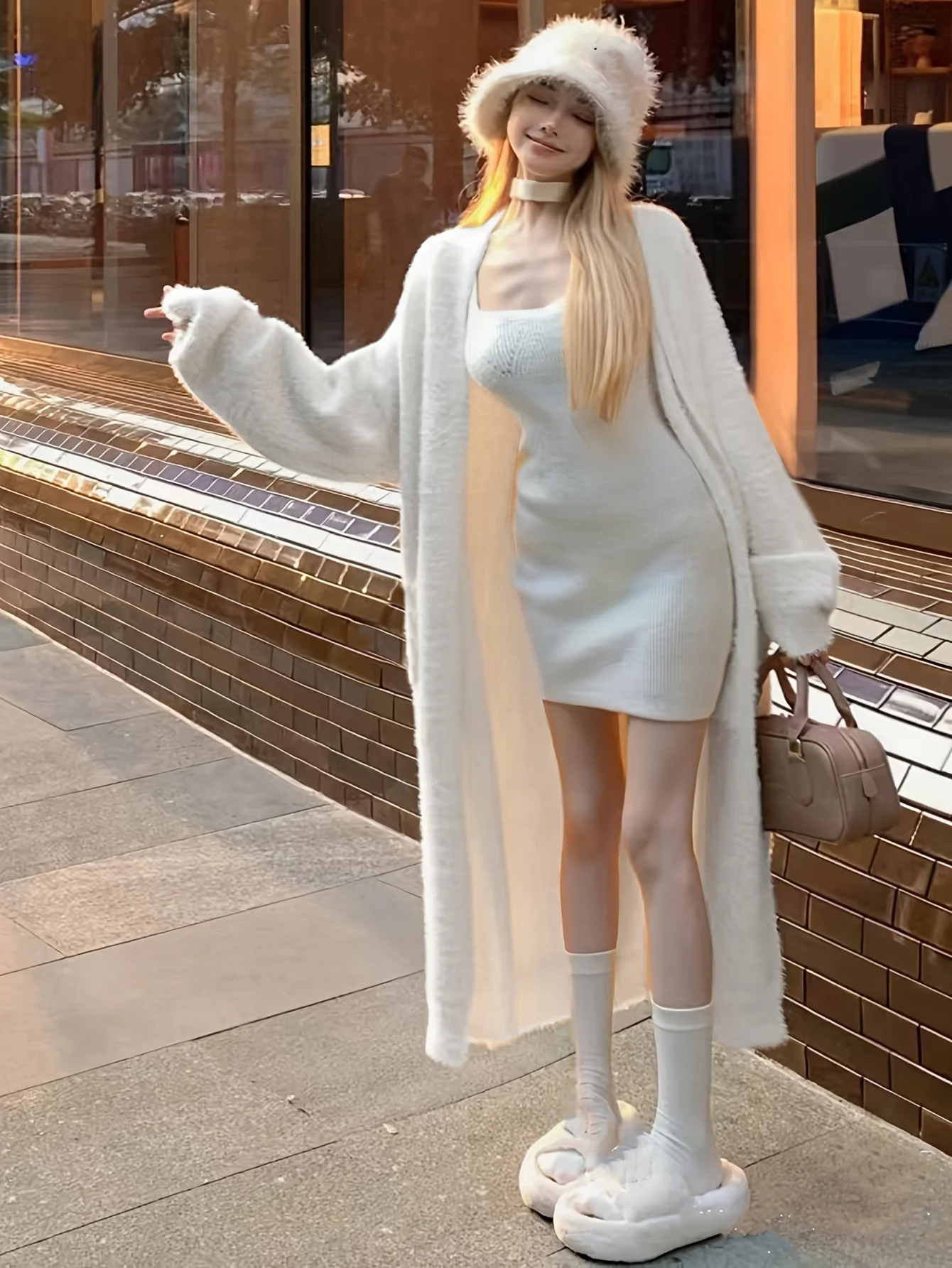 

Autumn Winter Lazy Loose Mid-Length Lapel No-Button Sweater Jacket Casual Korean Chic Gentle Temperament White Cardigan