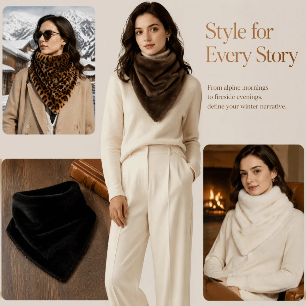 Elegant Soft Plush Triangle Scarf Leopard Print Warm Faux Fur Scarf Cozy Breathable Winter Neck Warmer Travel