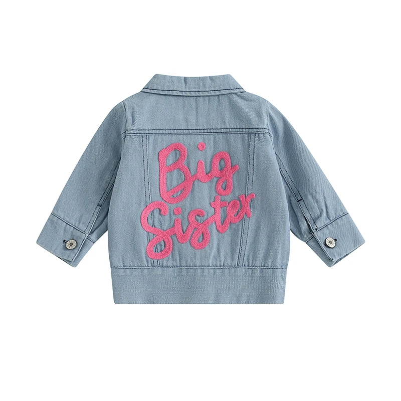 Little Girl Denim Jacket Back Letter Embroidery Lapel Neck Long Sleeve Button Down Jean Tops Casual Fall Streetwear